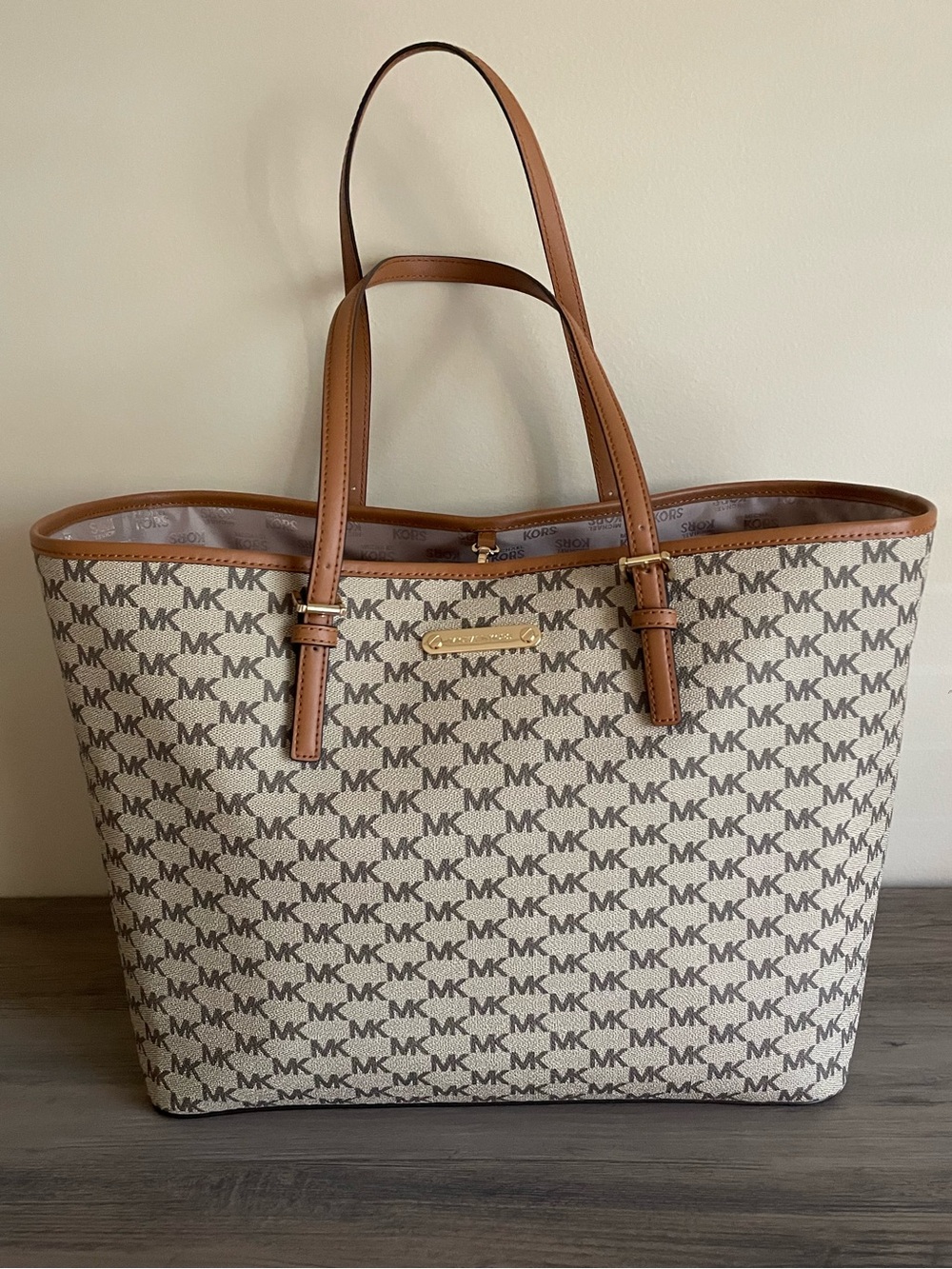 Michael Kors Large MK Signature Tote Beige Tan Cognac Shoulder Bag